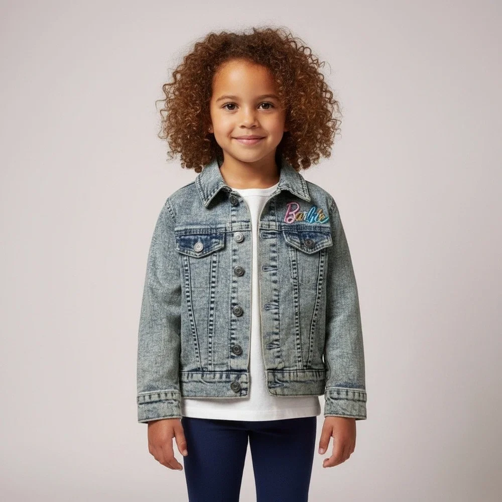 Barbie Girls Denim Jacket XS 4 5 Acid Wash Rainbow Embroidered Jean Coat Kids‎